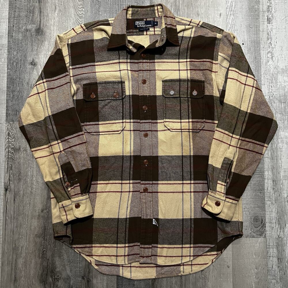 VTG Polo Ralph Lauren Beige Brown Cotton Dual Flap Pocket Big Button Flannel M